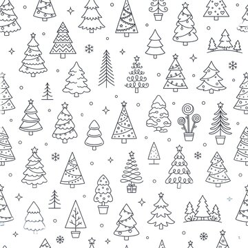 Christmas Tree Doodle Seamless Pattern Black White Line Art Various Styles Vector Illustration