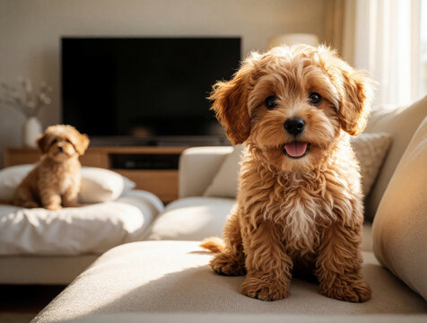 Cute small brown puppy sits on white sofa in cozy living room. Another tiny dog rests on pillow in background near tv. Domestic pets relax at home on comfortable couch during sunny day. Happy canine