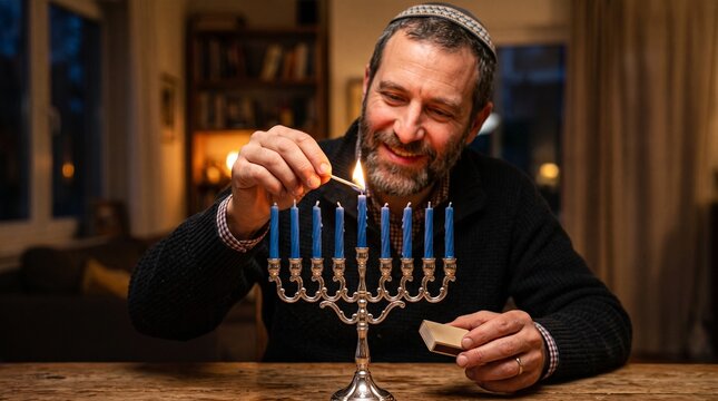Smiling Jewish man wearing kippah lighting blue candles on silver menorah with matchstick at home for Hanukkah festival
