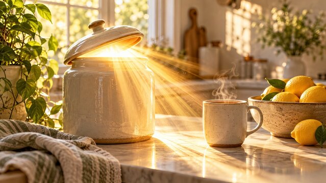 Ceramic cookie jar overflowing with golden sunbeams on a kitchen counter beside a mug of tea