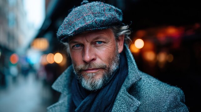 A ruggedly handsome man dons a stylish gray hat, exuding confident charisma against an atmospheric backdrop, enhancing his striking features and impressive beard.