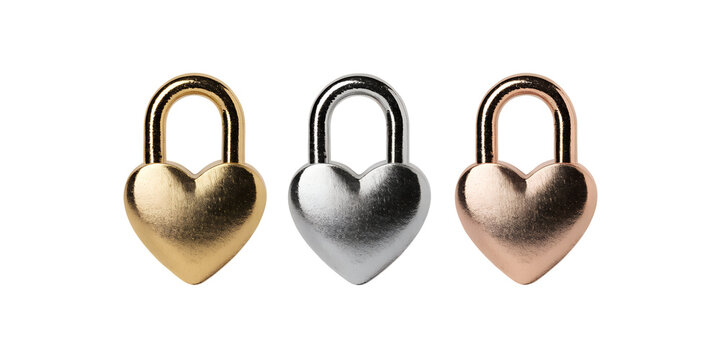 Set of gold silver and rose gold heart padlocks isolated on transparent background