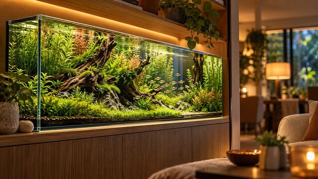 Planted freshwater aquascape with driftwood and schooling rasboras in a modern living room