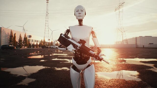 An armed humanoid robot walks outdoors in front of a modern data center building, depicting a fictional robot uprising, artificial intelligence threat, autonomous machines and a dystopian future.