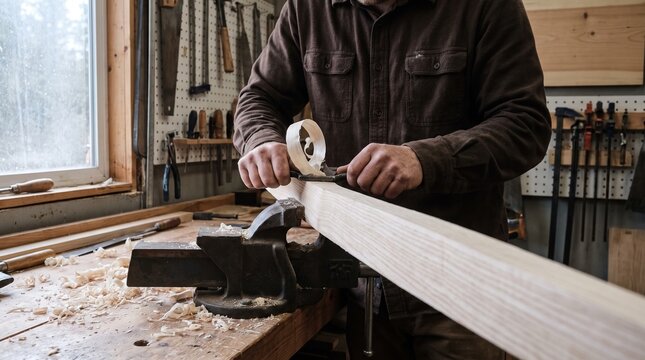 Bowyer drawing a spokeshave along a long ash wood bow stave held in a bench vice in a timber workshop