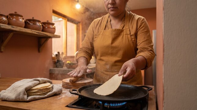 Woman pressing corn dough in a wooden tortilla press and lifting the pale disc onto a hot round griddle in a home kitchen