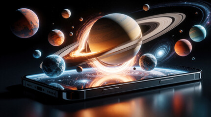 Fototapeta premium Smartphone displays glowing black hole, orbiting planets in deep space. Digital holographic solar system with Saturn, Earth, cosmic nebula emerges from mobile screen. Futuristic tech concept shows
