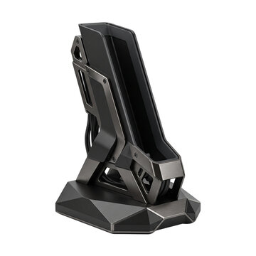 Futuristic docking station PNG illustration featuring a modern dark metallic tech stand with angular geometric lines isolated on a white background.   