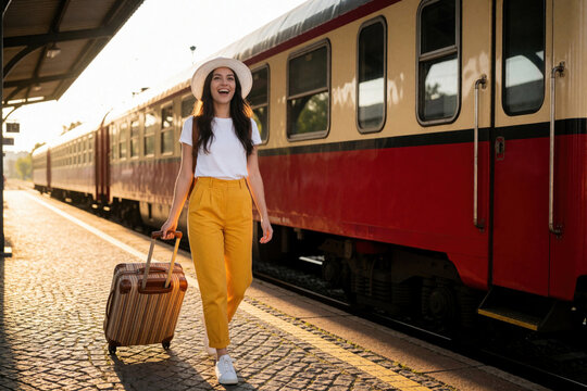 Happy young woman walks with suitcase on railway platform. Excited female traveler smiles near stopped red train at station. Solo lady carries luggage for summer vacation trip city tour. Sunny day
