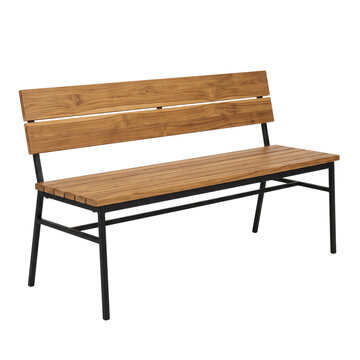 Park bench PNG illustration featuring a modern outdoor seating furniture piece with wooden slats and a black metal frame isolated on a white background.