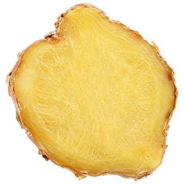 Close-up of fresh ginger root slice with detailed texture
