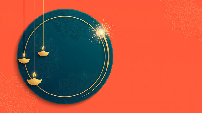 Diwali festive frame with teal circle hanging golden diya lamp and sparkle on coral orange background with copy space