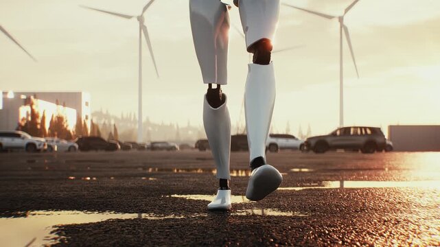 An armed humanoid robot walks outdoors in front of a modern data center building, depicting a fictional robot uprising, artificial intelligence threat, autonomous machines and a dystopian future.