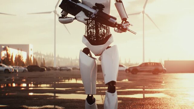 An armed humanoid robot walks outdoors in front of a modern data center building, depicting a fictional robot uprising, artificial intelligence threat, autonomous machines and a dystopian future.