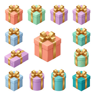 Colorful gift boxes PNG illustration featuring a large set of 3D pastel presents wrapped with golden ribbons and bows isolated on a white background.
