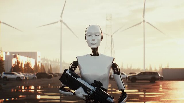 An armed humanoid robot walks outdoors in front of a modern data center building, depicting a fictional robot uprising, artificial intelligence threat, autonomous machines and a dystopian future.
