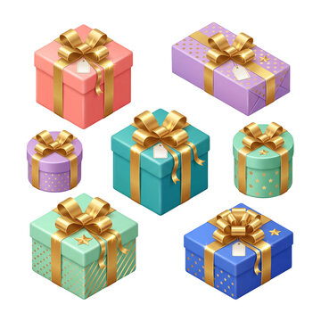 Colorful gift boxes PNG illustration featuring a collection of pastel presents with golden ribbons, bows, and small tags isolated on a white background.