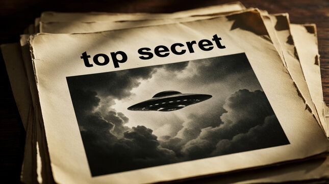 Top secret folder with aged documents, mysterious UFO photo. Classified files show flying saucer in dark clouds. Conspiracy theory evidence about extraterrestrial life, paranormal investigation in