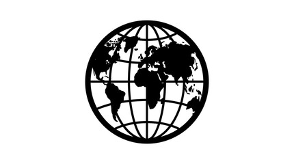 Black silhouette of a world globe within a circular frame on white © Miss