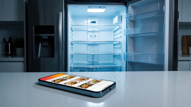 Empty open fridge in dark kitchen with food delivery app on smartphone. Hungry person uses mobile phone to order takeout meal no groceries in refrigerator. Concept of bad spending habits lack of meal