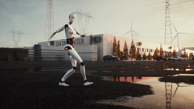 Dancing Robot in Modern Data Center Representing Artificial Intelligence and Future Technology.