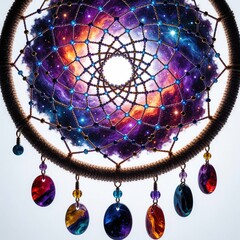 Fototapeta premium Colorful dreamcatcher with galaxy nebula pattern inside web. Mystical cosmic ornament features bright stars, cosmic dust. Hanging decorative beads with space colors adorn bottom of bohemian charm.