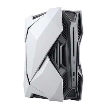Gaming PC tower PNG illustration featuring a modern white and dark grey futuristic computer case with angular geometric panels on a white background.
