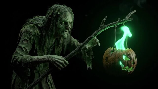 Terrifying 4K Sinister Witch Carrying a Green Fire Pumpkin Lantern on a Staff in Dark Atmospheric Horror Lighting
