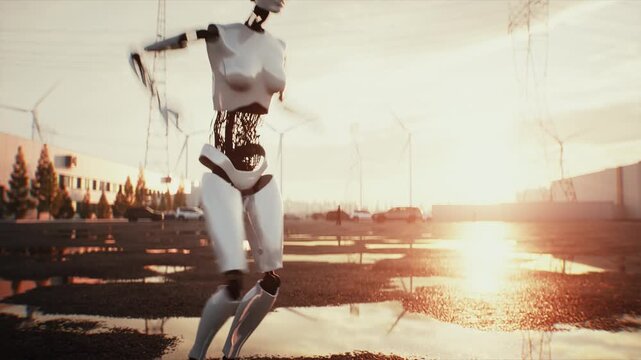 Dancing Robot in Modern Data Center Representing Artificial Intelligence and Future Technology.