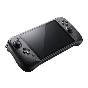Handheld gaming console PNG illustration featuring a modern black portable video game device with ergonomic controllers on an isolated white background.
