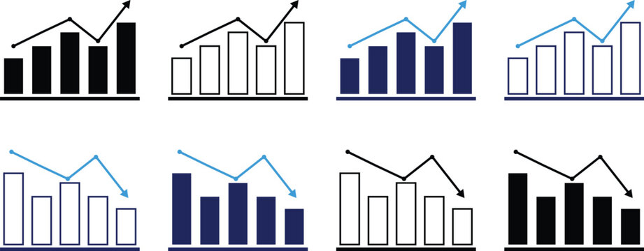 Bar chart growth and decline icon set with trend line arrows in black and navy blue, outline and solid styles, for finance, business report and analytics design
