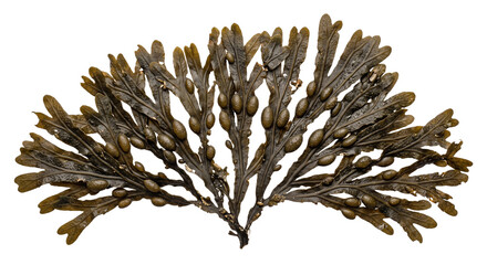 Fucus vesiculosus seaweed specimen isolated on a clean white background for marine biology study © Ophelia