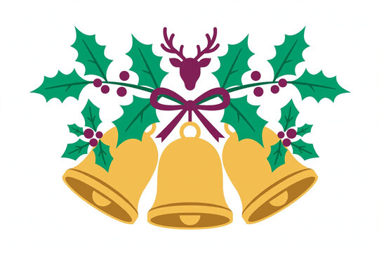 Reindeer sleigh bells and holly flat vector isolated on white