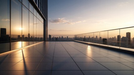 Fototapeta premium Modern empty skyscraper terrace with glass railing at sunset. City skyline view with tall buildings under golden sky. Urban architecture landscape with sunlight reflections on floor tiles. Peaceful
