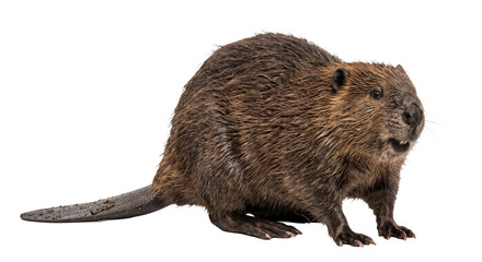 Full body side view of a North American beaver standing isolated on a clean white background © Ophelia