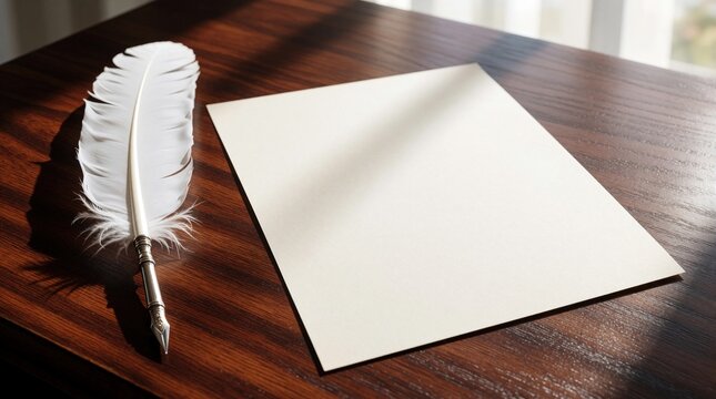 White feather quill pen lies on blank paper mockup. Empty stationery sheet rests on dark wooden desk. Minimalist setup for calligraphy poem writing. Vintage style supplies provide space for text logo