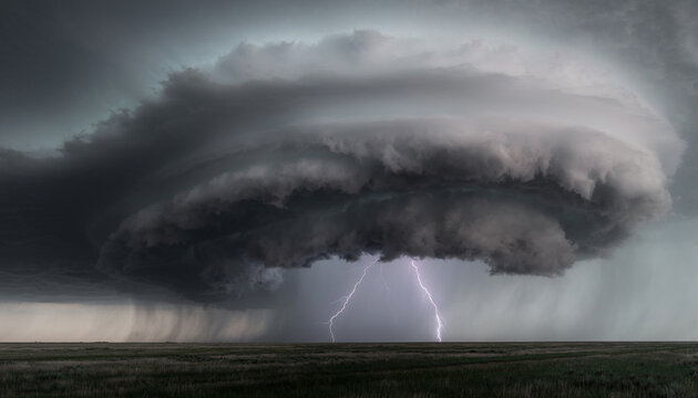 Massive Supercell Thunderstorm with Lightning and Heavy Rain over Open Plains