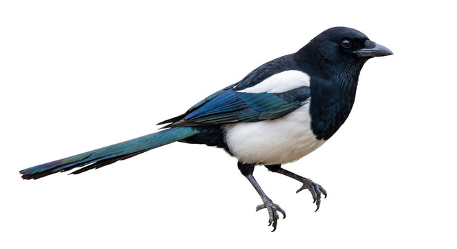 Eurasian magpie standing isolated on a white background with detailed black and white plumage