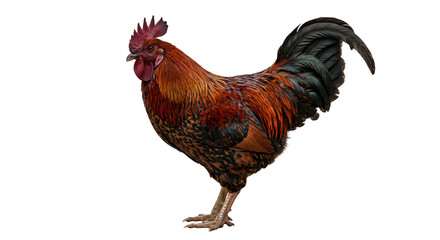 Majestic rooster with vibrant copper and black plumage standing against a clean white background © Ophelia
