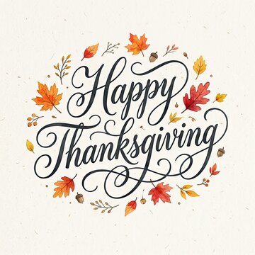 Happy thanksgiving handwritten calligraphy text surrounded by a wreath of colorful autumn leaves on white background