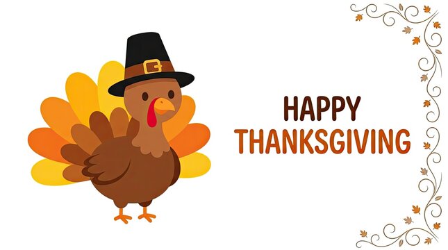 Cute cartoon turkey wearing a pilgrim hat with happy thanksgiving text on a white background