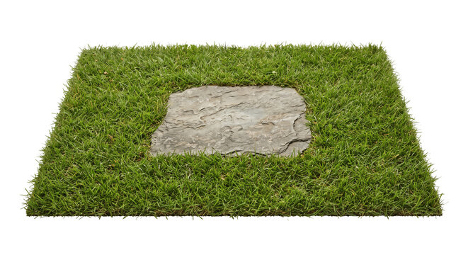 A single natural stone stepping stone centered in a square patch of vibrant green garden grass