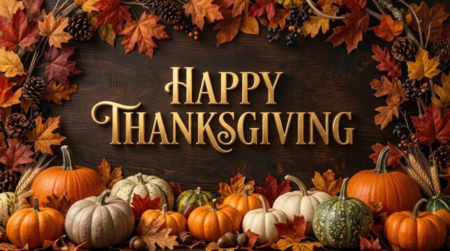 Happy thanksgiving greeting card with a rustic wooden sign surrounded by colorful autumn leaves and various pumpkins