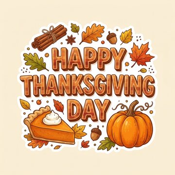 Happy thanksgiving day greeting card design with pumpkin pie cinnamon sticks and colorful autumn leaves illustration