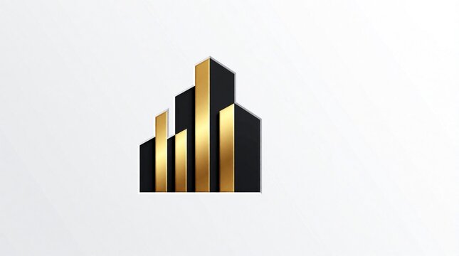 Modern luxury real estate logo design with gold, black colors. Abstract geometric building shapes form skyscraper silhouette. Minimalist corporate identity icon for property development, construction
