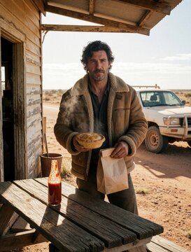 Middle aged man holds hot meat pie, paper bag outside remote outback bakery. Weathered male eats snack near parked white utility truck in desert. Rural Australian roadhouse scene with wooden table,