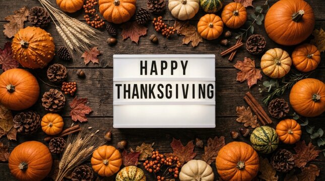 Happy thanksgiving sign surrounded by colorful pumpkins and autumn leaves on a rustic wooden background top view