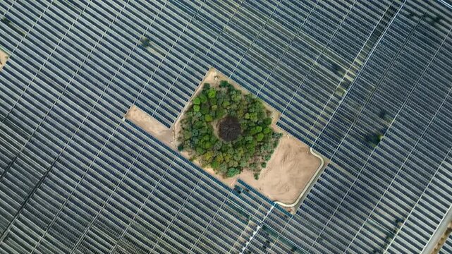 Large Scale Solar Photovoltaic Power Plant beside a River with Massive Solar Panel Arrays. Time Lapse. Establishing Shot. Aerial View.
