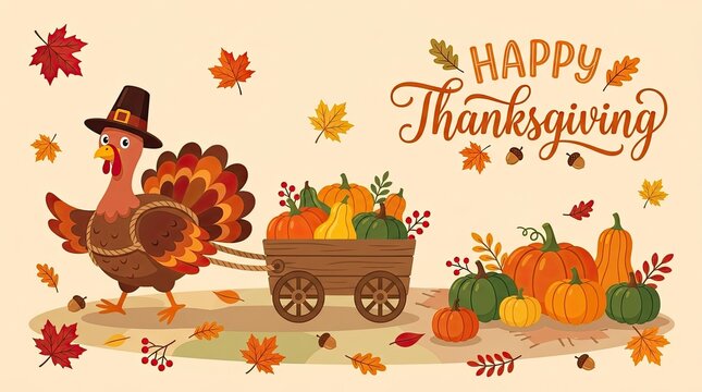 Watercolor illustration of a turkey wearing a pilgrim hat pulling a wagon full of autumn pumpkins