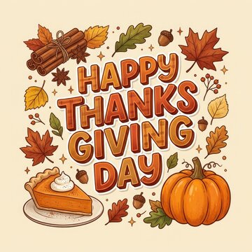 Hand drawn illustration for happy thanksgiving day with pumpkin pie autumn leaves and cinnamon sticks